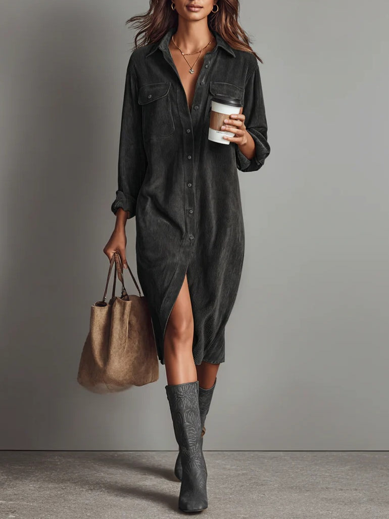 Women's Corduroy Style Midi Dress | Relaxed Fit with Chest Pockets