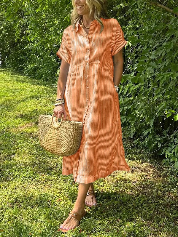 Women's Striped Maxi Shirt Dress | Button-Up Lapel Style