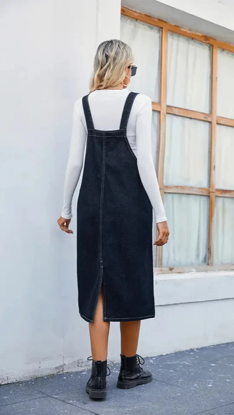 Women's Denim Style Midi Pinafore Dress