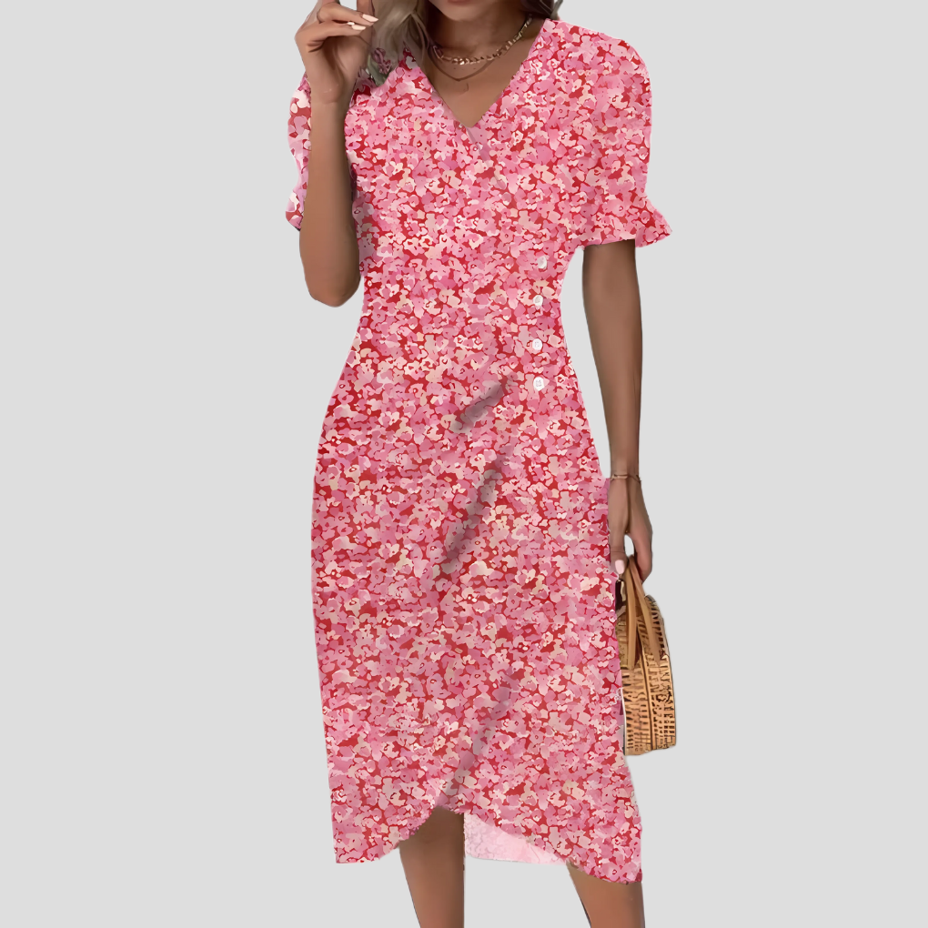 Women's Floral Puff Sleeve Midi Dress | Vintage Beach Style