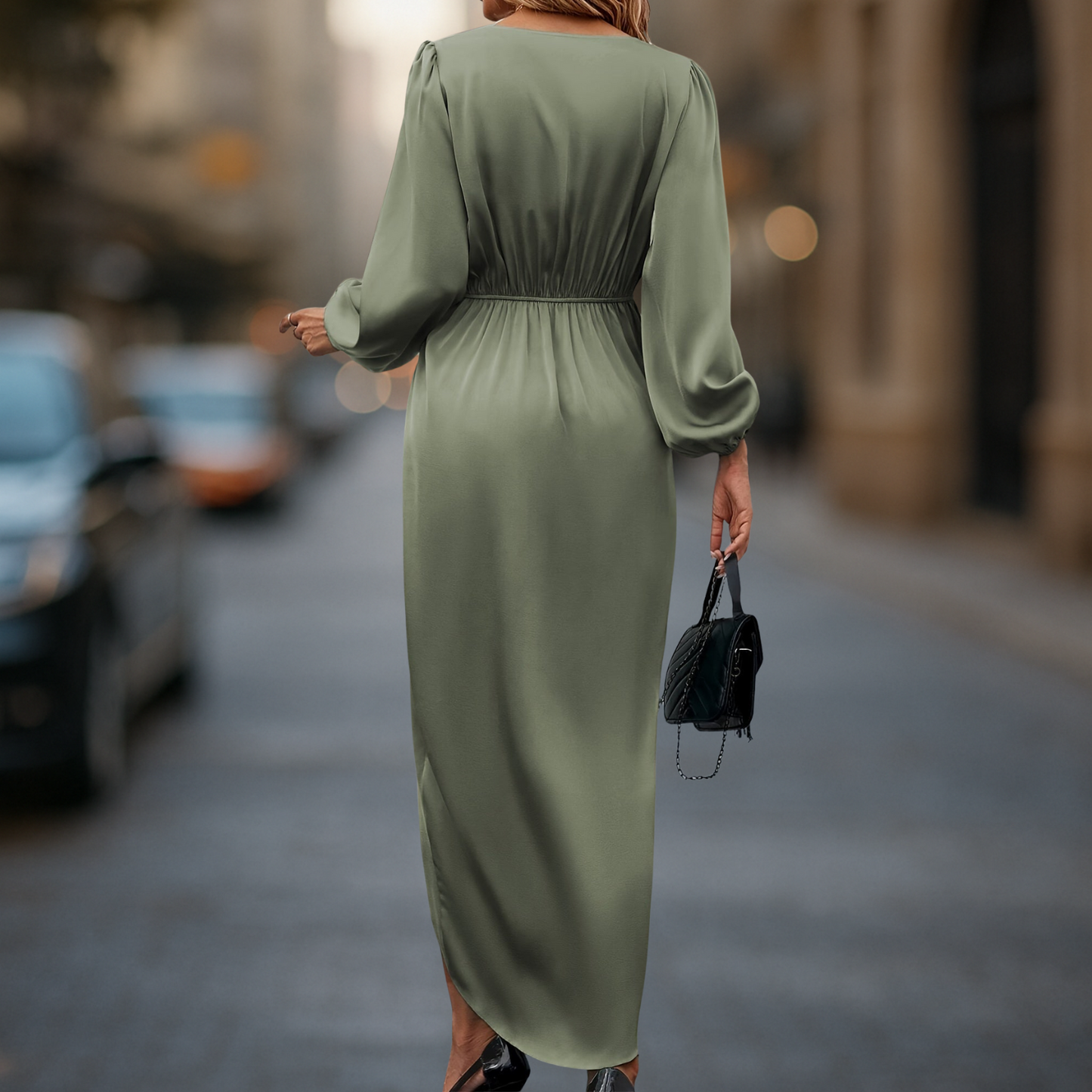 Women's Satin Look Dress | Long Sleeves & Waist Pleat Detail