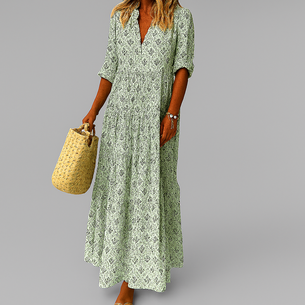 Women's Vintage Print Cotton Blend Maxi Dress | Breezy V-Neck Style