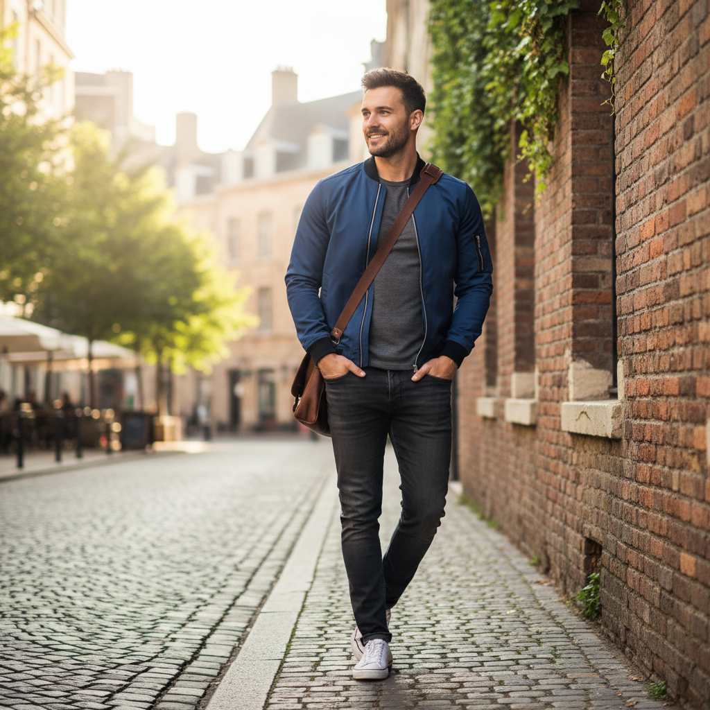 Men's Slim Fit Bomber Jacket | Zip Sleeve Pocket Casual Style
