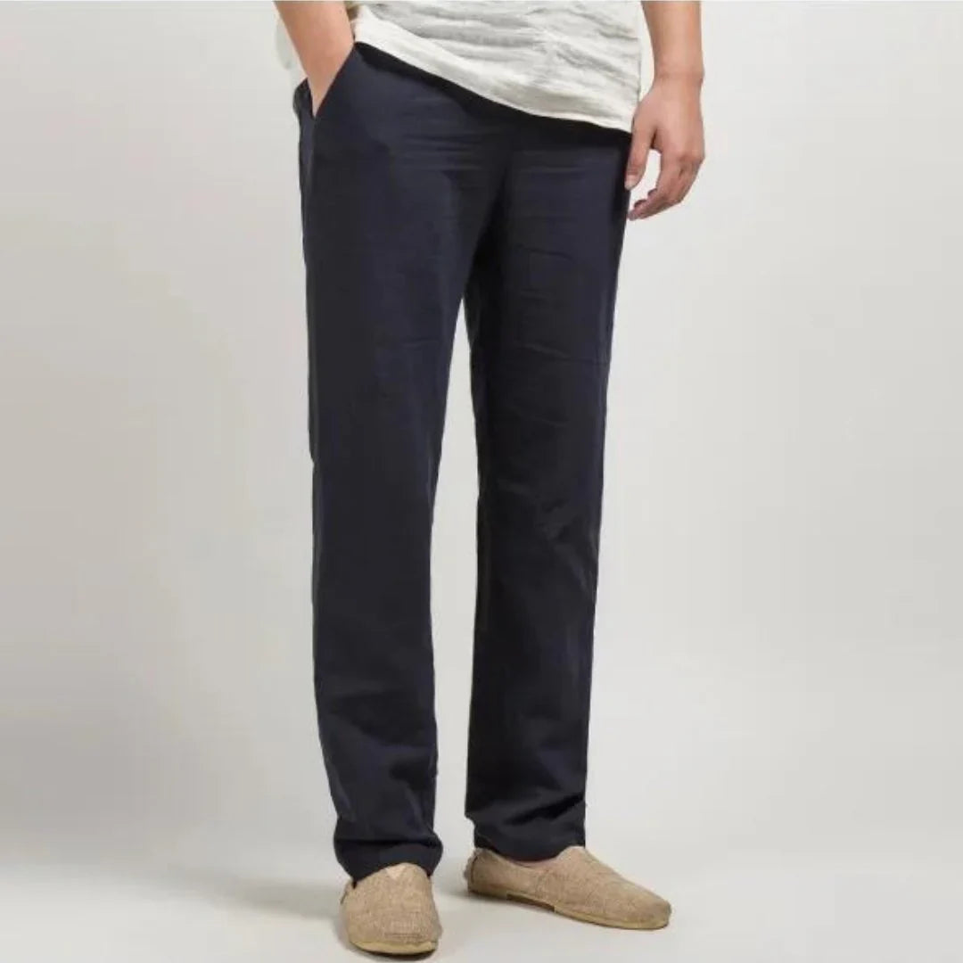 Men's Linen Style Summer Trousers | Elastic Waist Straight Leg