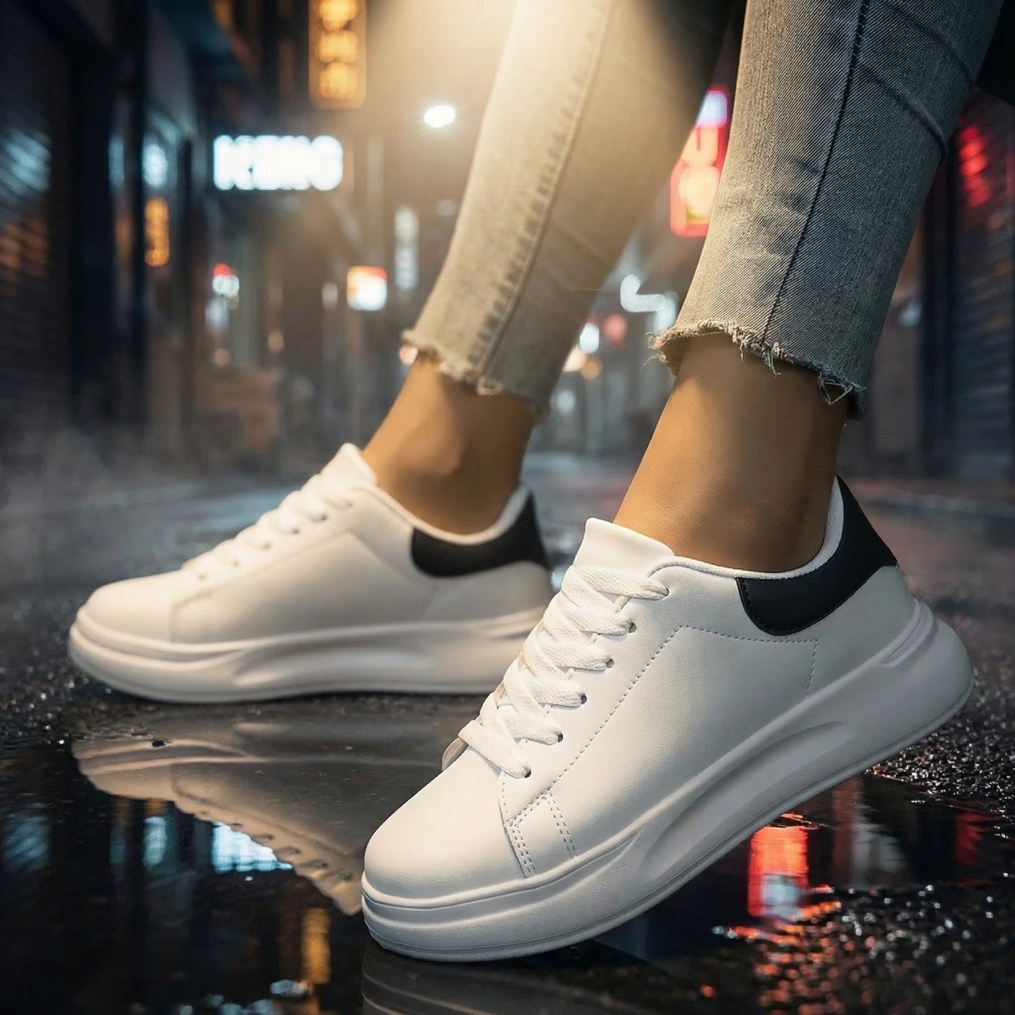Women's Ergonomic White Leather Style Sneakers | Comfortable Footwear