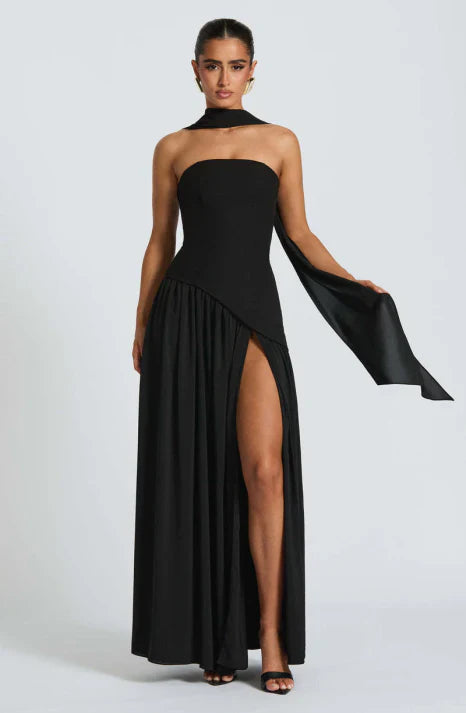 Women's Strapless Maxi Dress | Flowing Chiffon Style with Scarf Detail