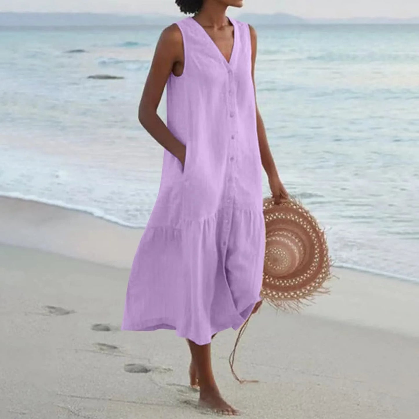 Women's Button-Front Midi Dress V-Neck