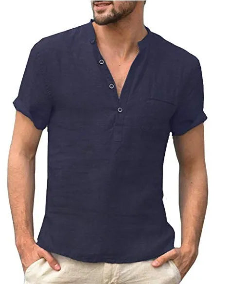 Men's Short Sleeve Linen Style Shirt | Stand Collar Summer Look