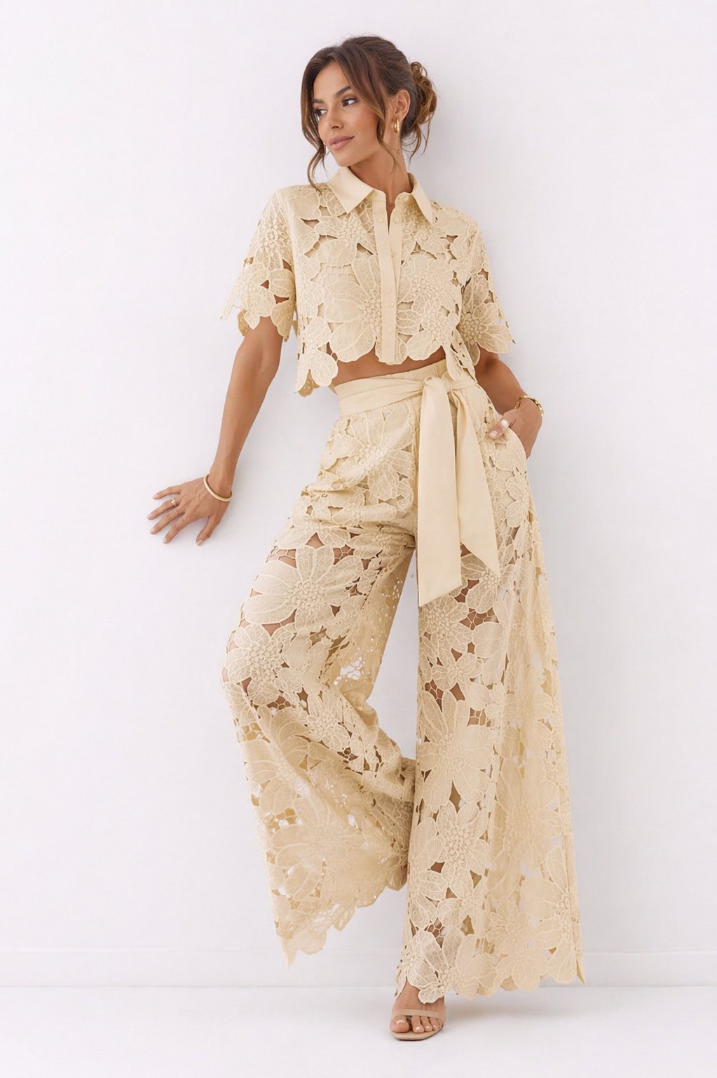 Women's Lace Blouse & Wide-Leg Pants Set | Elegant Co-ord