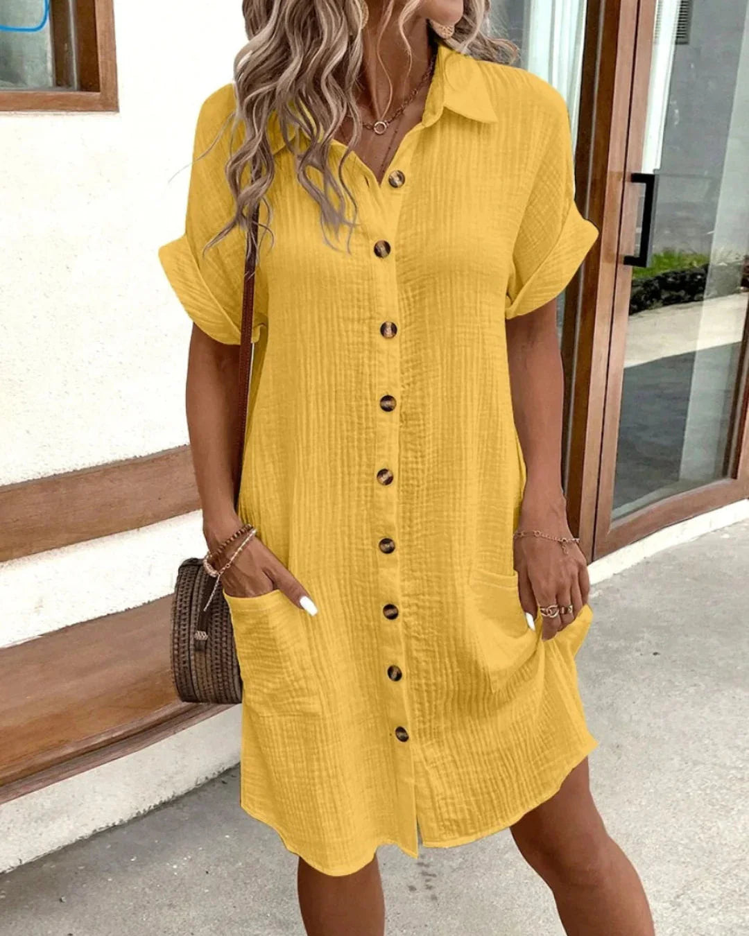 Women's V-Neck Mini Dress | Three-Quarter Sleeve Linen-Style Holiday Dress