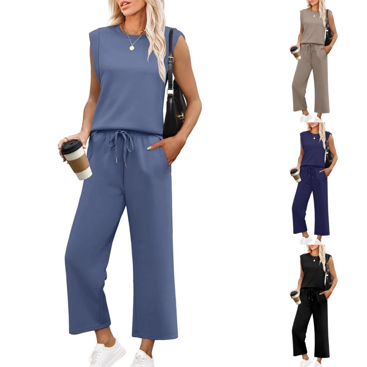 Women's Two-Piece Lounge Set | Long Sleeve Top & Wide-Leg Cropped Trousers