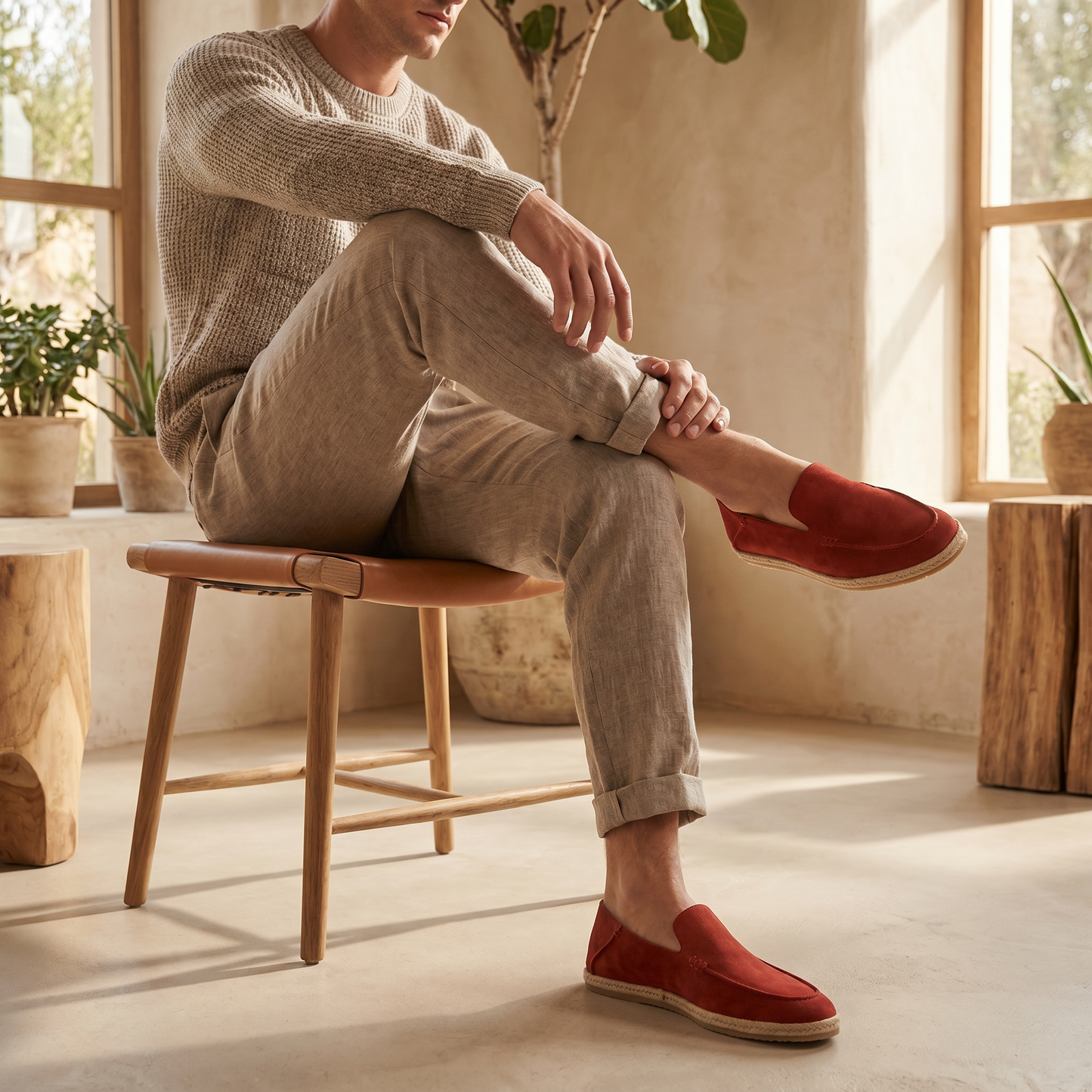 Men's Suede Style Espadrille Loafers | Jute Trim Summer Slip-On