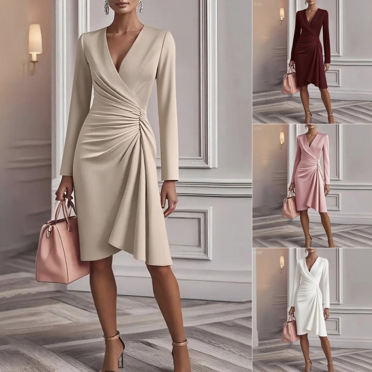 Women's V-Neck Ruched Midi Dress | Elegant Long Sleeve Spring Style