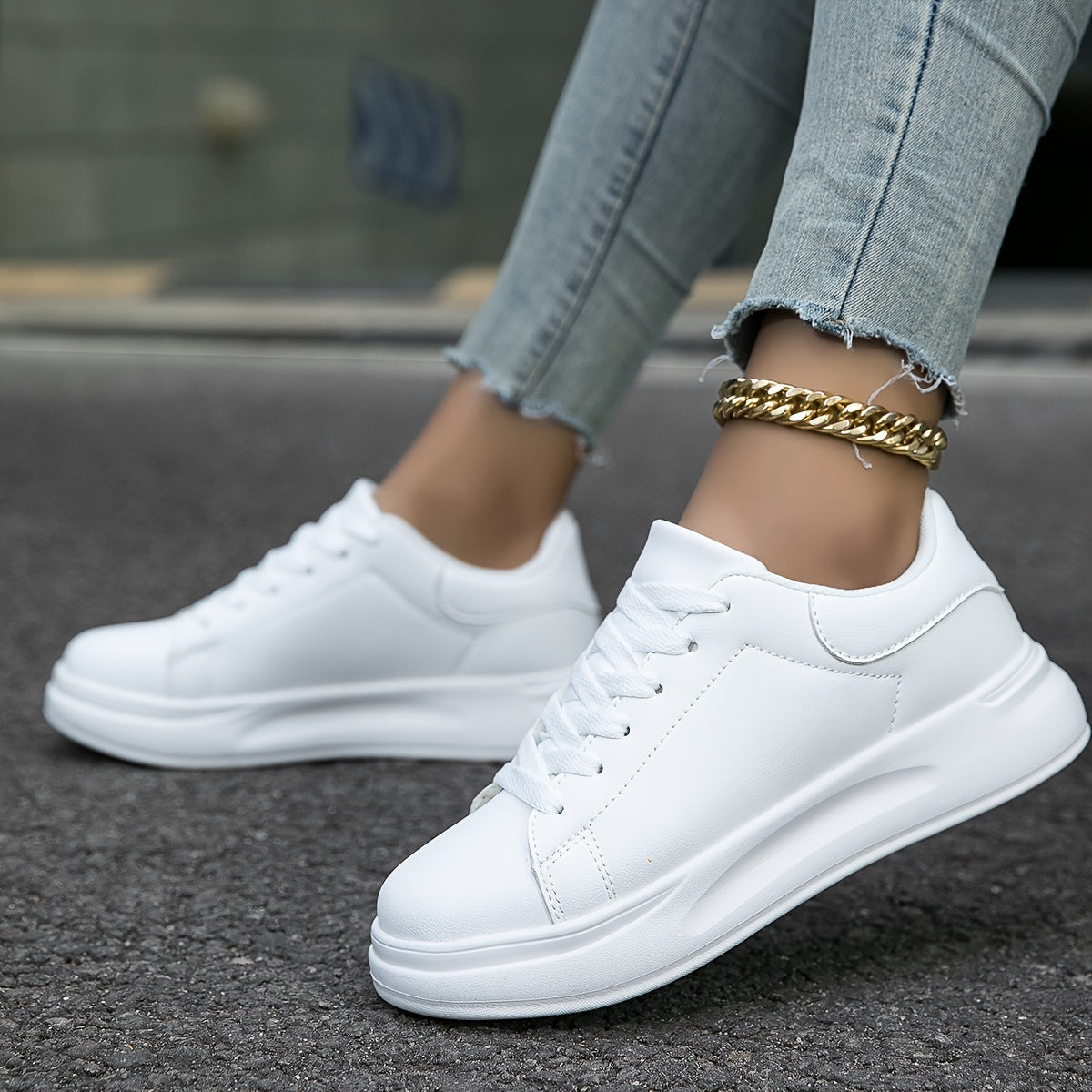 Women's Clean White Leather Style Sneakers