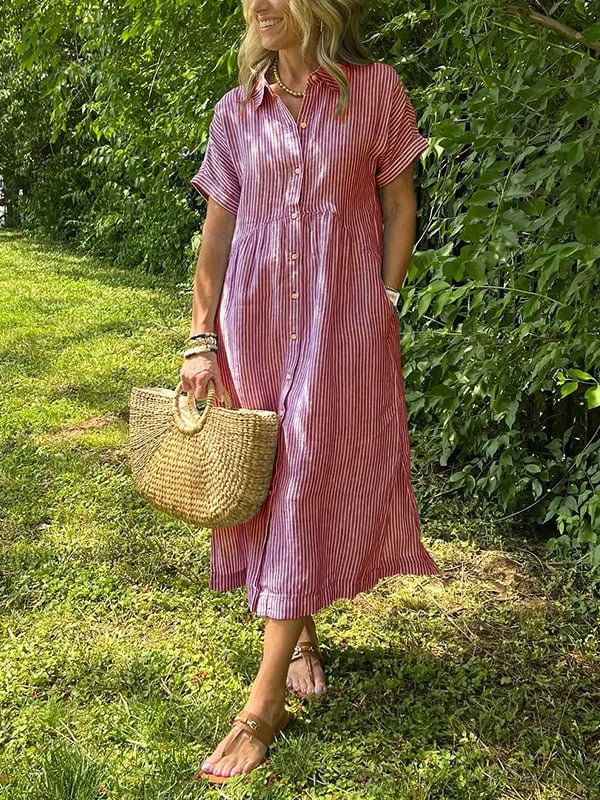 Women's Striped Maxi Shirt Dress | Button-Up Lapel Style
