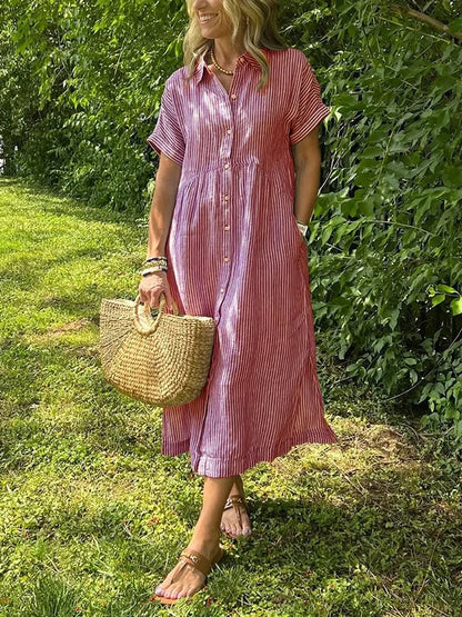 Women's Striped Maxi Shirt Dress | Button-Up Lapel Style