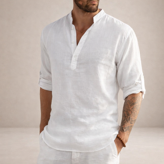 Men's Long Sleeve Stand Collar Shirt | Regular Fit Linen-Style Breathable Top