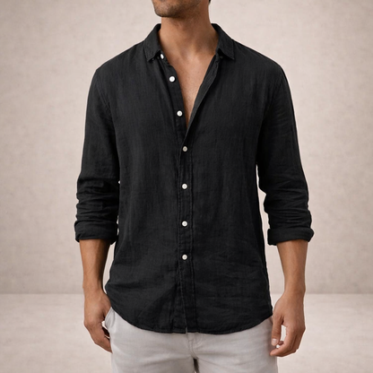 Men's Long Sleeve Open Collar Shirt | Regular Fit Linen-Style Summer Top