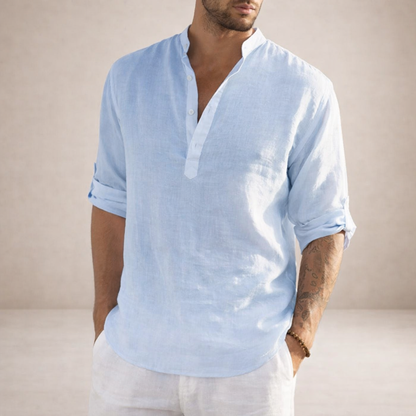 Men's Long Sleeve Stand Collar Shirt | Regular Fit Linen-Style Breathable Top