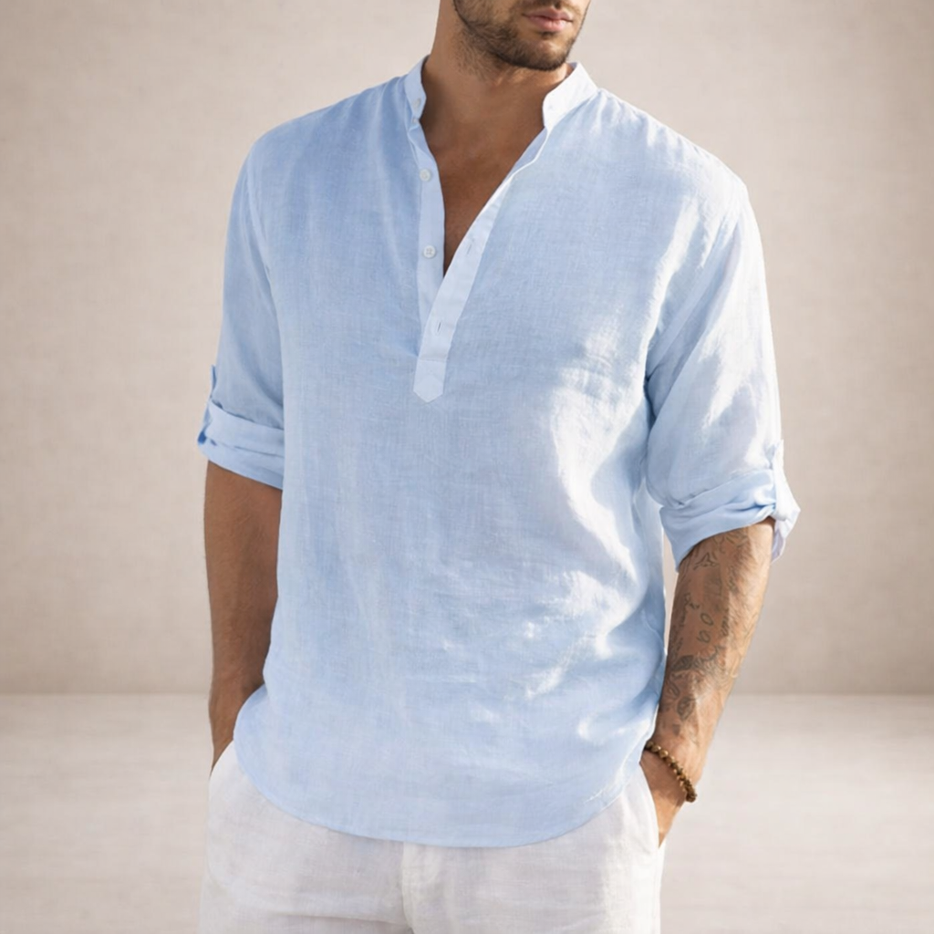 Men's Linen Shirt | Breathable Stand Collar Long Sleeve