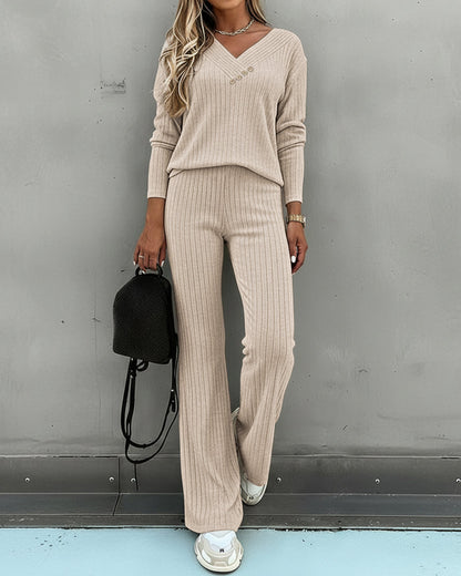 Women's Ribbed V-Neck Knit Co-Ord Set | Long Sleeve & Straight Leg Style
