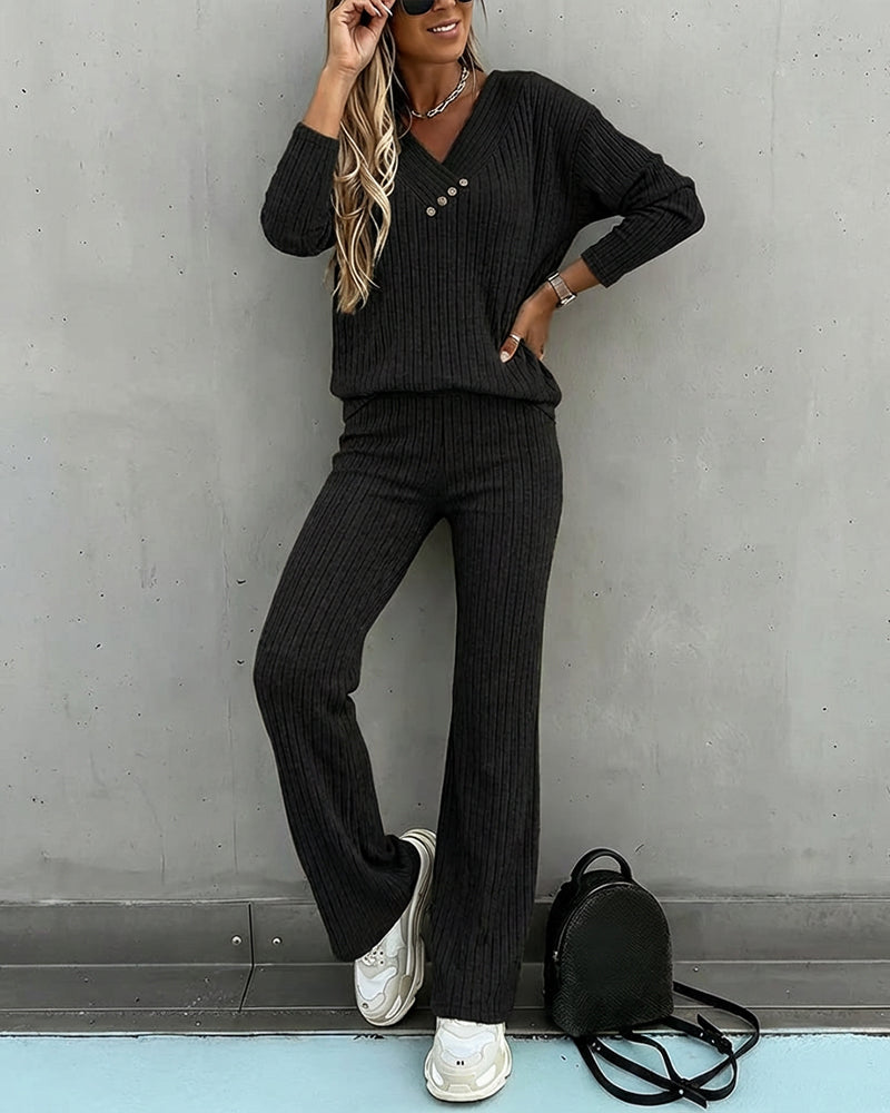 Women's Ribbed V-Neck Knit Co-Ord Set | Long Sleeve & Straight Leg Style