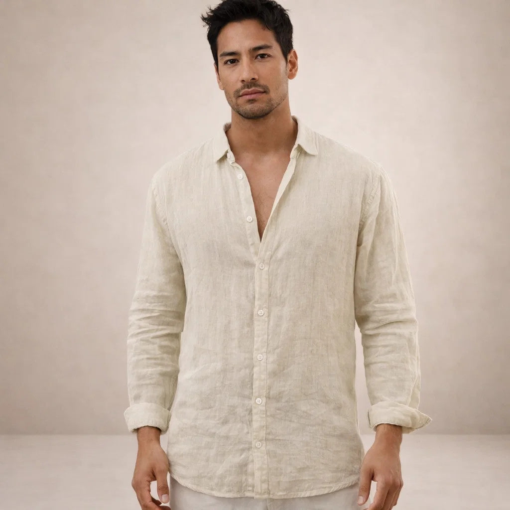 Men's Long Sleeve Open Collar Shirt | Regular Fit Linen-Style Summer Top