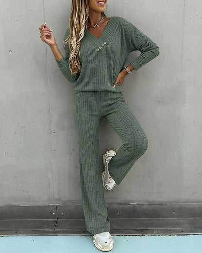 Women's Ribbed V-Neck Knit Co-Ord Set | Long Sleeve & Straight Leg Style