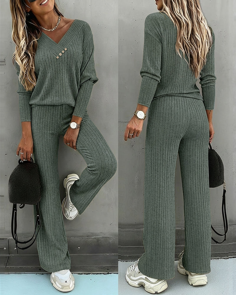 Women's Ribbed V-Neck Knit Co-Ord Set | Long Sleeve & Straight Leg Style