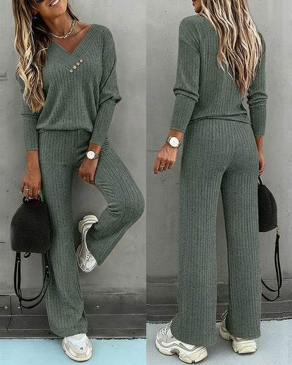 Women's Ribbed V-Neck Knit Co-Ord Set | Long Sleeve & Straight Leg Style