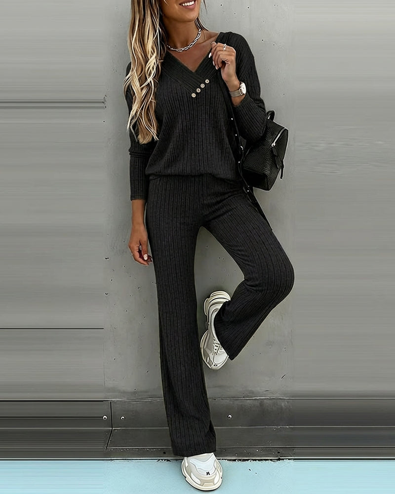 Women's Ribbed V-Neck Knit Co-Ord Set | Long Sleeve & Straight Leg Style