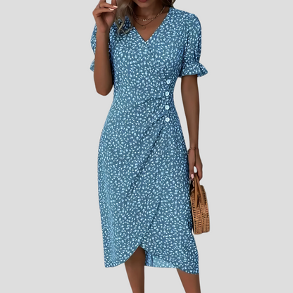 Women's Floral Puff Sleeve Midi Dress | Vintage Beach Style