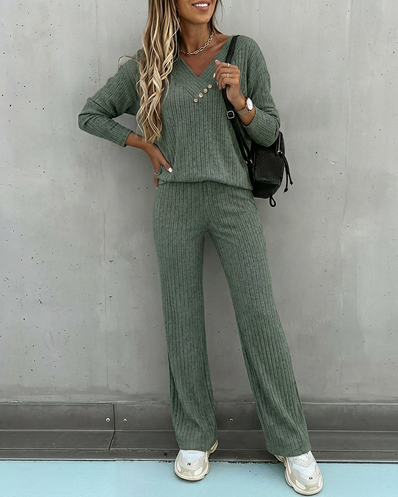 Women's Ribbed V-Neck Knit Co-Ord Set | Long Sleeve & Straight Leg Style