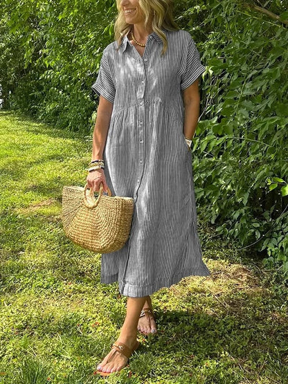 Women's Striped Maxi Shirt Dress | Button-Up Lapel Style