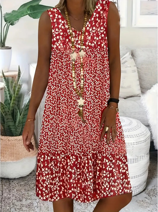 Women's Sleeveless V-Neck Summer Dress | White Floral Print