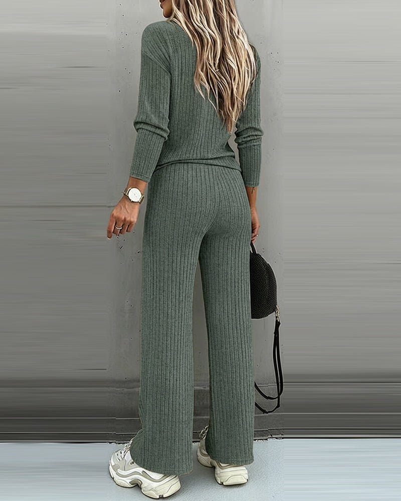 Women's Ribbed V-Neck Knit Co-Ord Set | Long Sleeve & Straight Leg Style