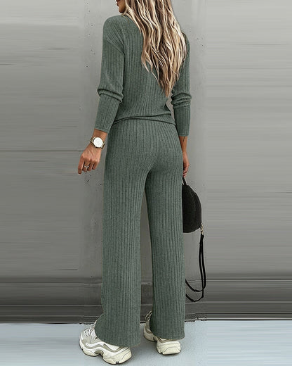 Women's Ribbed V-Neck Knit Co-Ord Set | Long Sleeve & Straight Leg Style