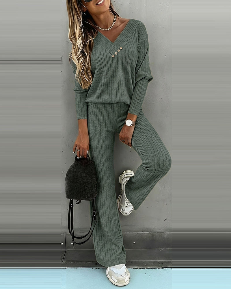 Women's Ribbed V-Neck Knit Co-Ord Set | Long Sleeve & Straight Leg Style