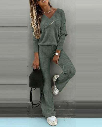 Women's Ribbed V-Neck Knit Co-Ord Set | Long Sleeve & Straight Leg Style