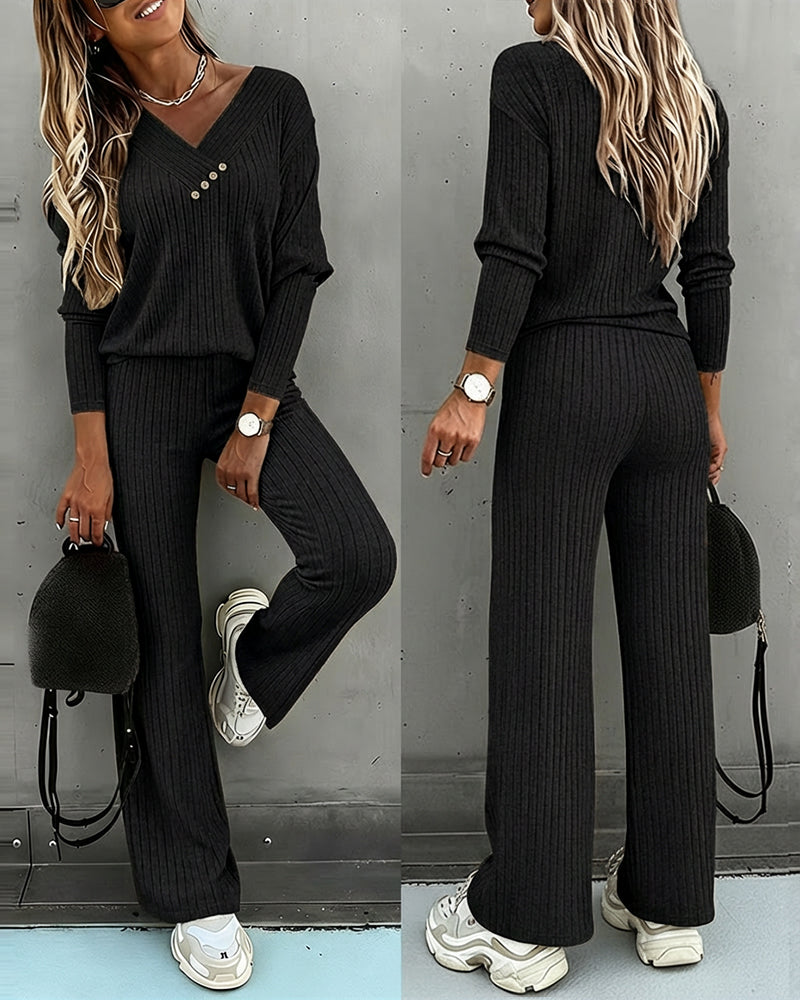 Women's Ribbed V-Neck Knit Co-Ord Set | Long Sleeve & Straight Leg Style