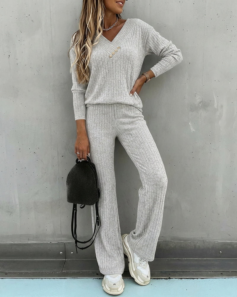 Women's Ribbed V-Neck Knit Co-Ord Set | Long Sleeve & Straight Leg Style