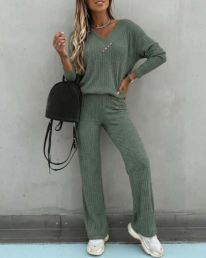 Women's Ribbed V-Neck Knit Co-Ord Set | Long Sleeve & Straight Leg Style