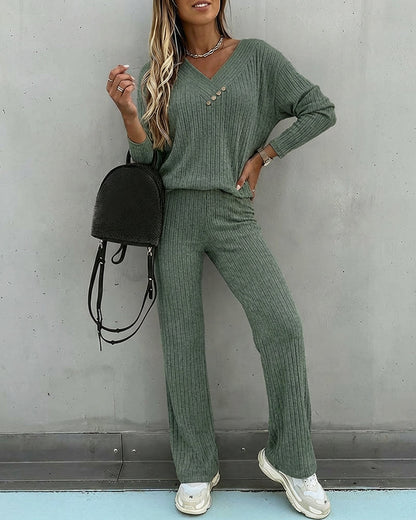 Women's Ribbed V-Neck Knit Co-Ord Set | Long Sleeve & Straight Leg Style