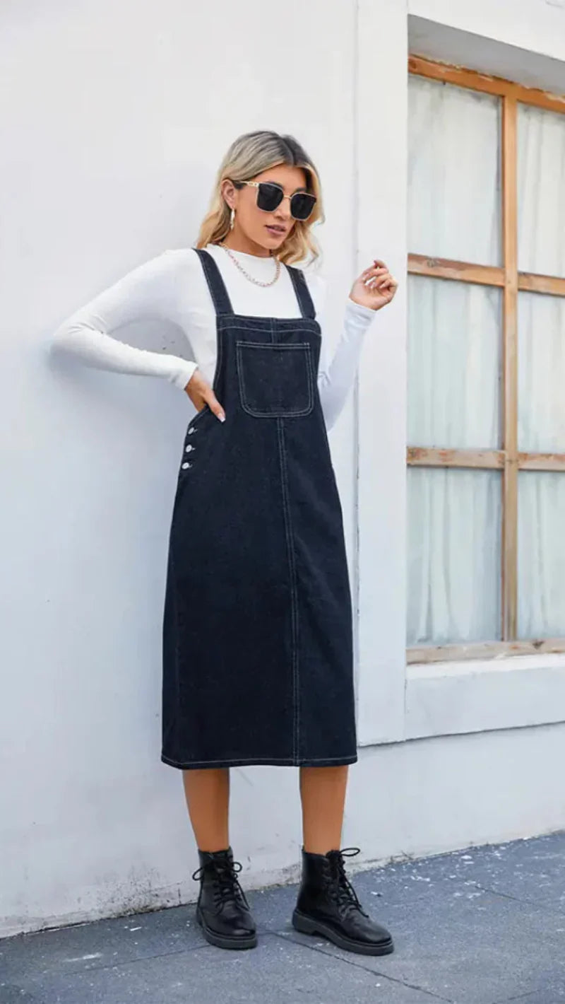Women's Denim Style Midi Pinafore Dress