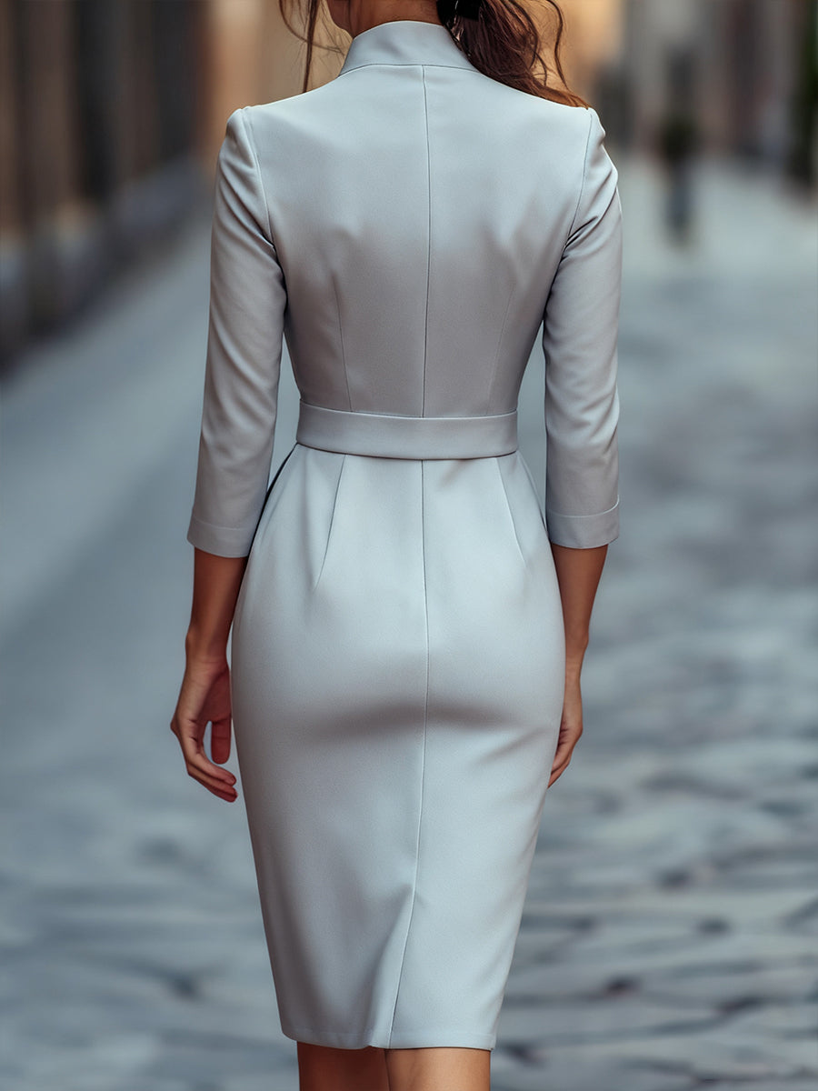 Women's Mandarin Collar Midi Dress | Belted Graduation Style