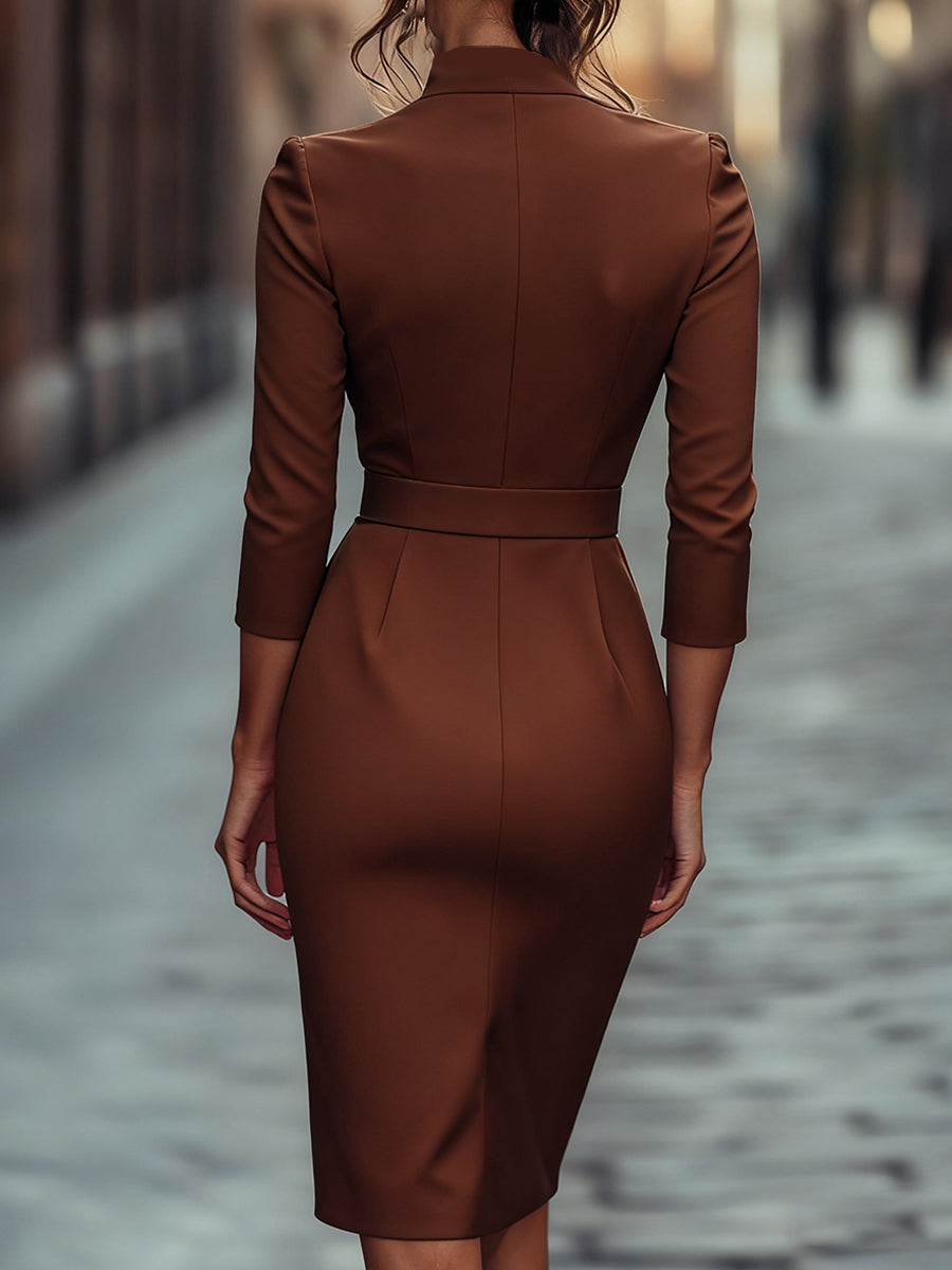 Women's Mandarin Collar Midi Dress | Belted Graduation Style