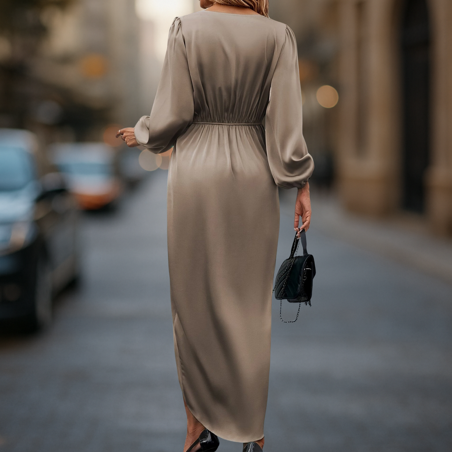 Women's Satin Look Dress | Long Sleeves & Waist Pleat Detail