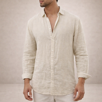 Men's Long Sleeve Open Collar Shirt | Regular Fit Linen-Style Summer Top