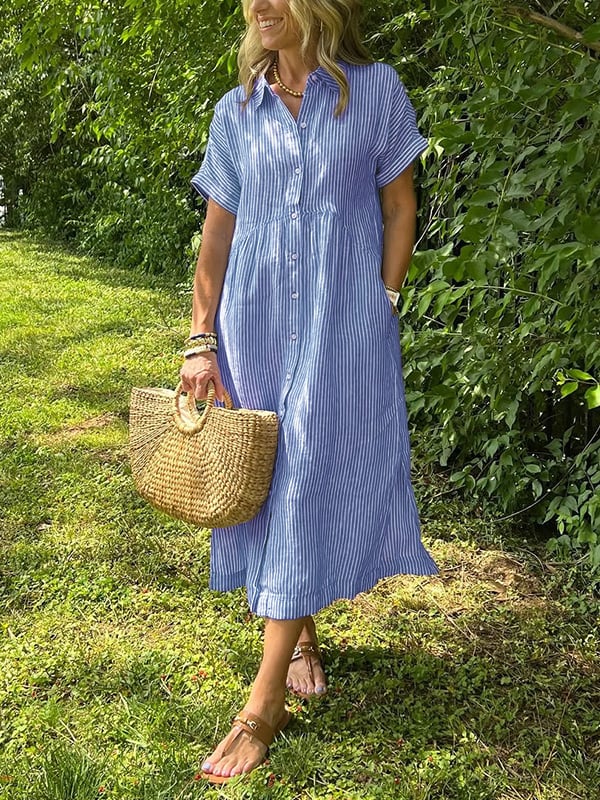 Women's Striped Maxi Shirt Dress | Button-Up Lapel Style
