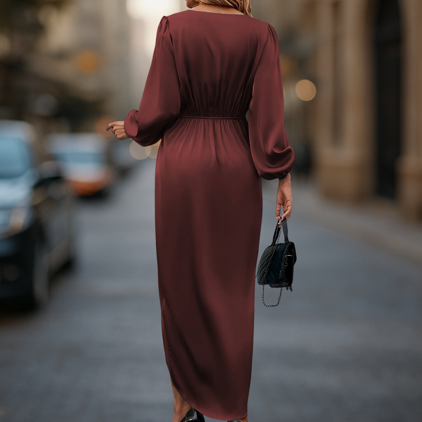 Women's Satin Look Dress | Long Sleeves & Waist Pleat Detail